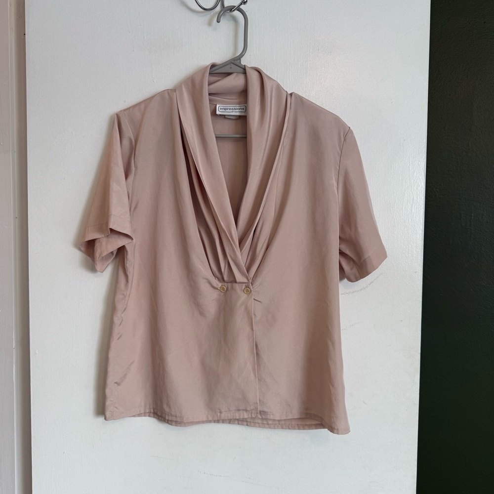 Vintage impressions beige cowl neck button short sleeve blouse size 10